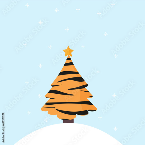 Cute Christmas tree in tiger color. The symbol of the new year is a tiger . Cartoon Christmas tree. Vector illustration 