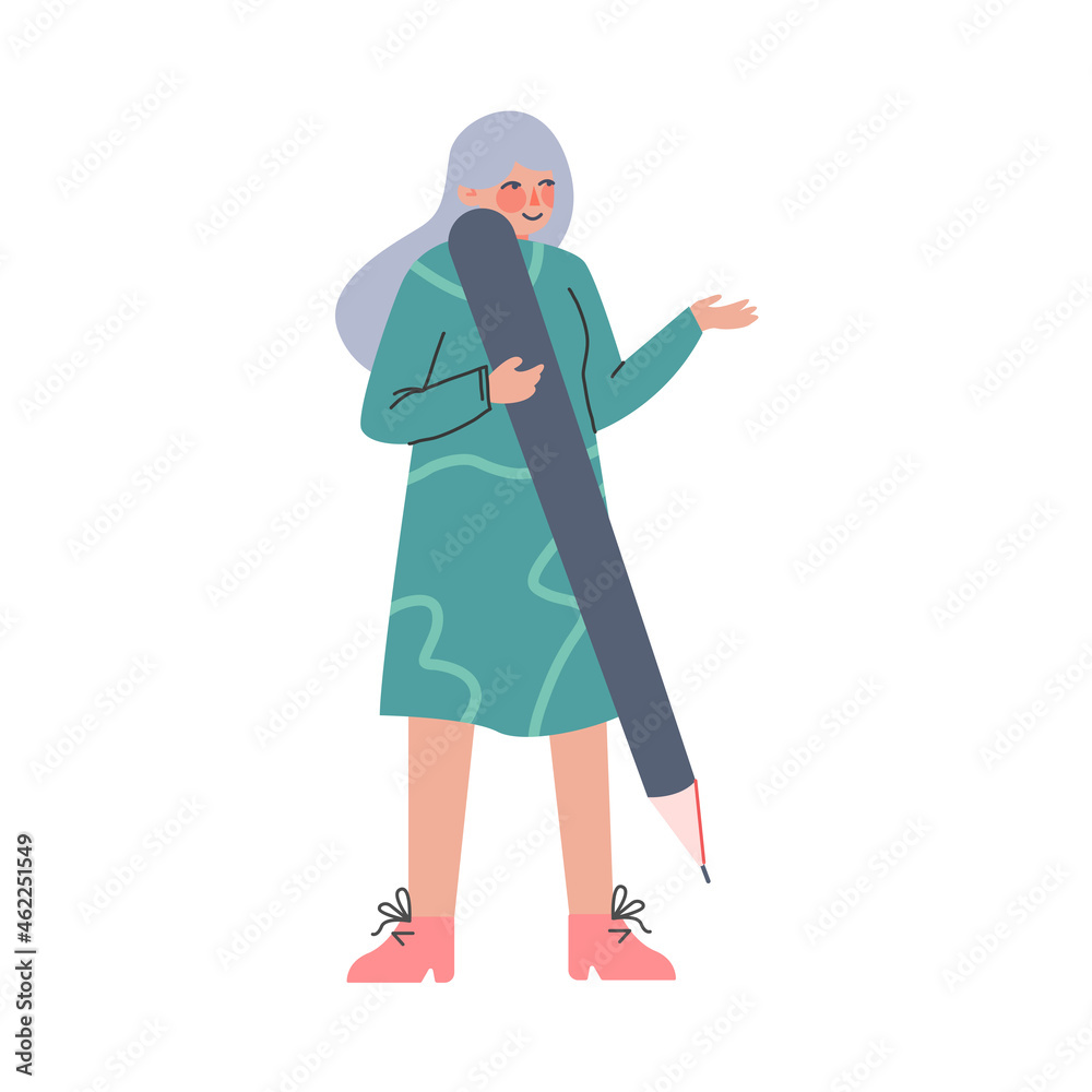 Woman Holding Huge Pencil as Stationery Writing Tool Vector Illustration Woman Holding Huge Pencil as Stationery Writing Tool Vector Illustration
