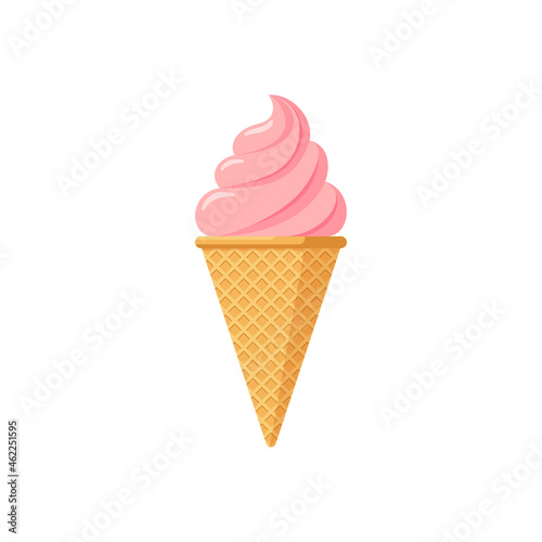 Delicious pink strawberry or raspberry ice cream in waffle cone. Tasty isolated twisted ice-cream on white background. Cute flat style icecream product design vector eps illustration