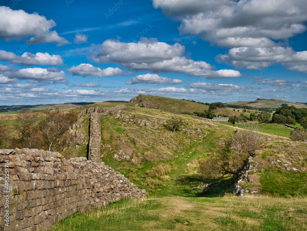 The remains of the defensive fortification of Hadrian's Wall in Northumberland, England, UK. Begun in AD122, the wall ran across Britain forming the northern boundary of the Roman Empire.