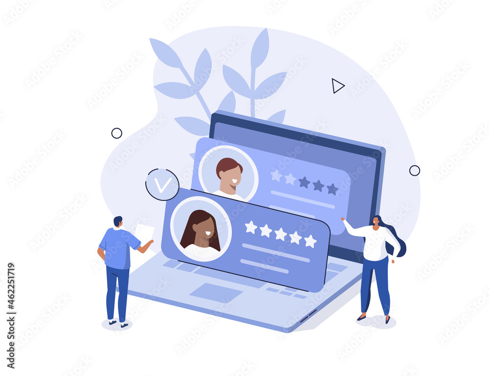 Characters choosing best candidate for job. Hr managers searching new employee. Recruitment process. Human resource management and hiring concept. Flat isometric vector illustration. - obrazy, fototapety, plakaty 