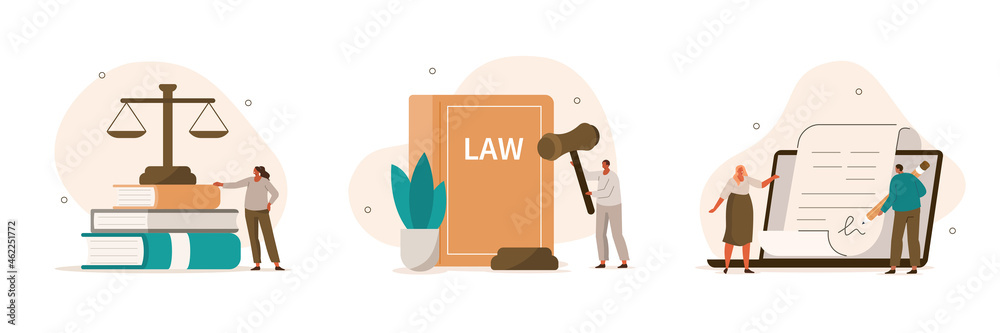 Law and justice scenes. Character signing legal contract, lawyer consulting client, judge knocking with wooden hammer. Legal advice concept. Flat cartoon vector illustration and icons set. - obrazy, fototapety, plakaty 