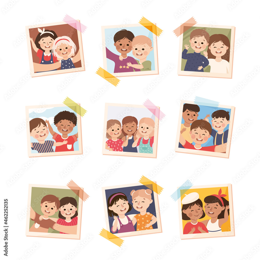 Photo Card or Snapshot with Happy Smiling Children Sticking on the Wall Vector Set Photo Card or Snapshot with Happy Smiling Children Sticking on the Wall Vector Set