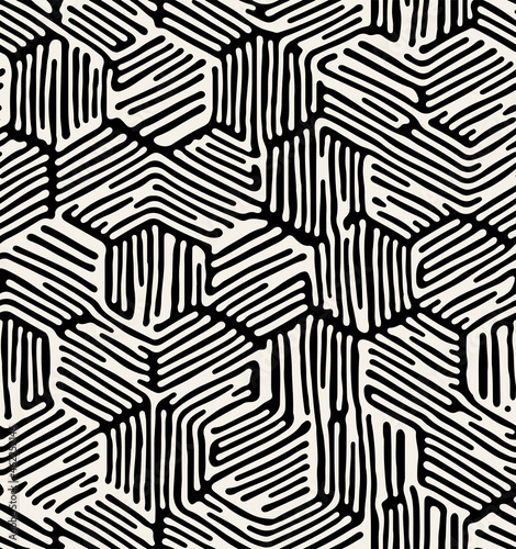 Vector seamless pattern. Modern stylish texture with natural grid. Repeating abstract background. Monochrome striped hexagonal trellis. Contemporary graphic design.