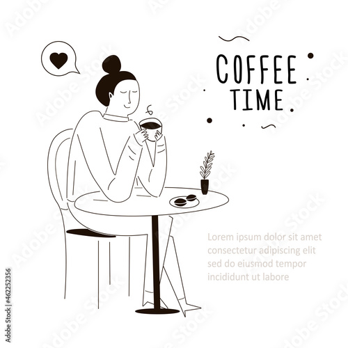 Happy sitting customer drinking cappuccino. Coffee time concept. Cartoon woman holding cup with coffee. Relaxed and calm girl drink cup of hot drink