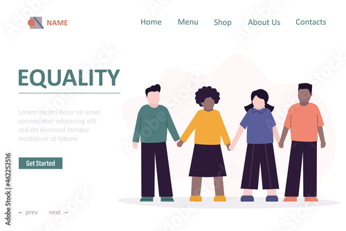 Equality, landing page template. Multiethnic kids standing hand by hands. Relationship, friendship concept. Equality beetwen races and genders. Boys and girls holding hands.