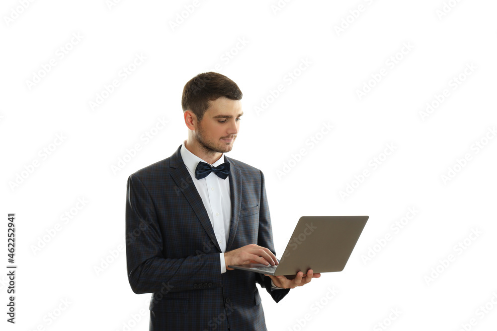 Businessman holds laptop, isolated on white background Businessman holds laptop, isolated on white background