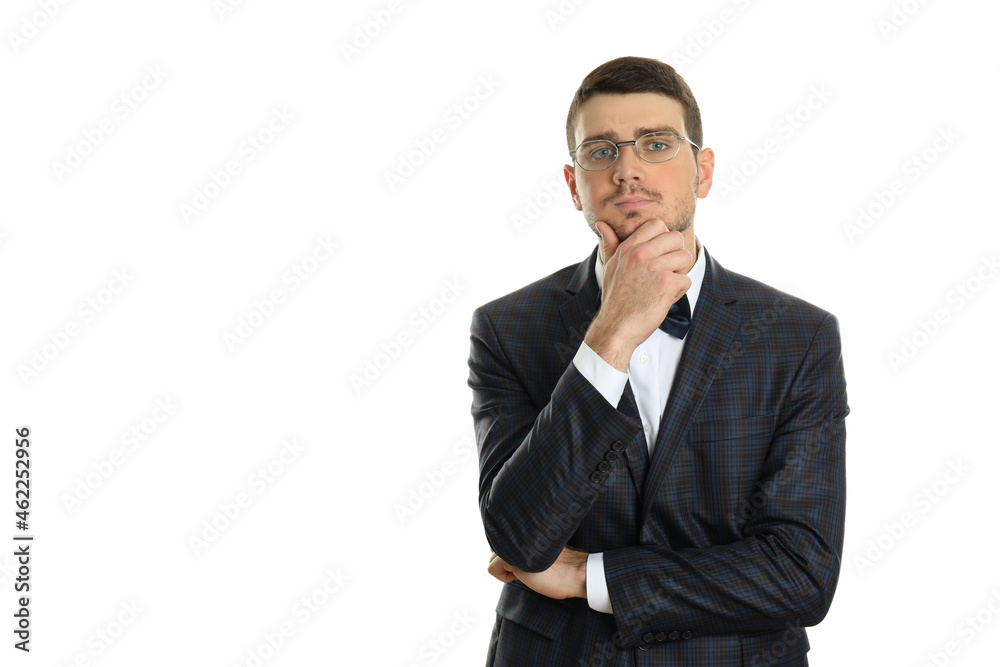 Pensive businessman isolated on white background, space for text Pensive businessman isolated on white background, space for text