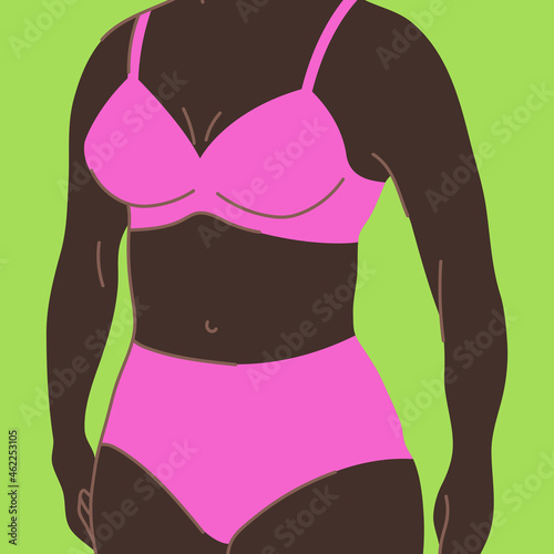 Illustration of pretty american african woman in bikini. Bra and panties set. Abstract figure.