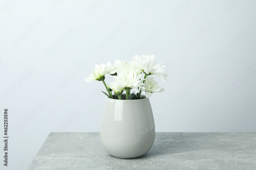 Vase with white chrysanthemums on gray textured table