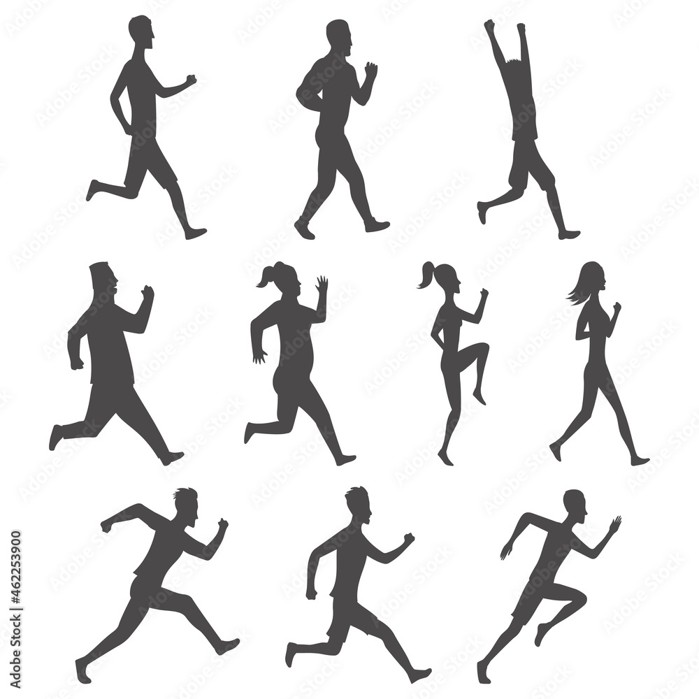 Set of sport movements people silhouette. Active fitness, run, exercise and athletic man and woman variety size. Flat side view design in black color. Jpeg illustration