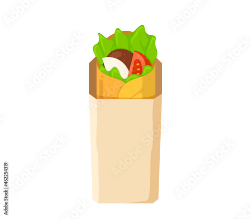 Shawarma fast food meat roll in paper packaging. Arabic eastern toasty doner kebab meal. Cartoon shaurma or burrito. Shawerma flat vector eps illustration