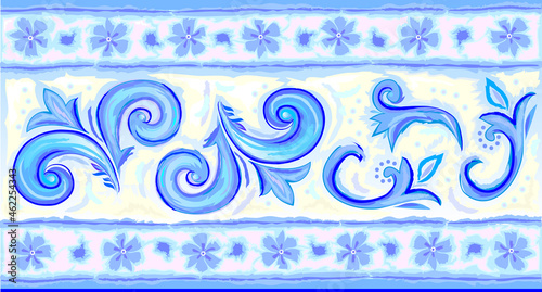 Rich decorated seamless pattern. Fantastic royal medieval ornament. Blue painting on rectangular ceramic tile. Floral motifs. Ethnic print ornate for wallpaper and textile. Beautiful background.