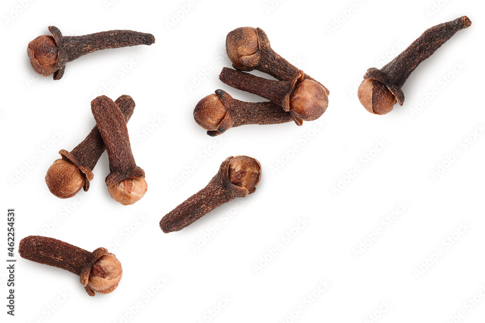 Dry spice cloves isolated on white background. Top view with copy space for your text. Flat lay Dry spice cloves isolated on white background. Top view with copy space for your text. Flat lay