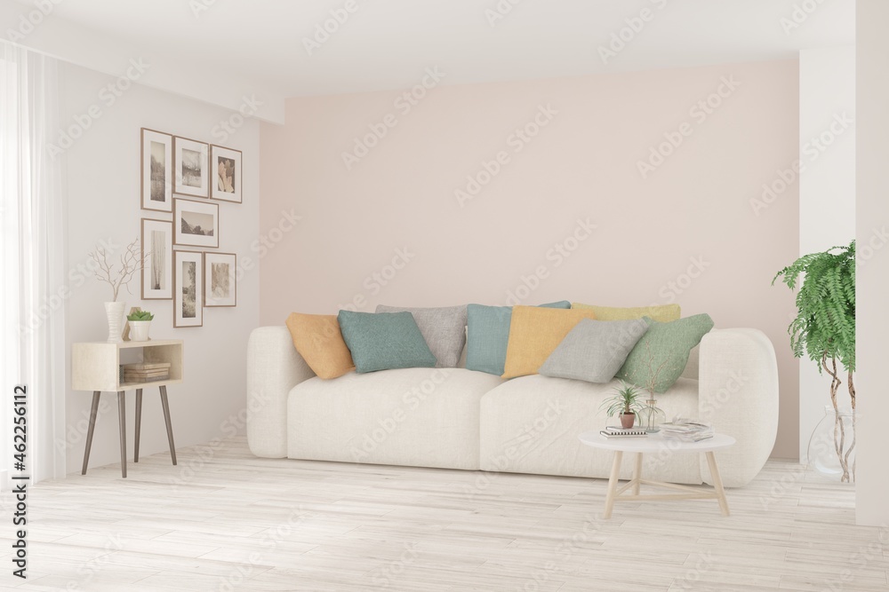 Modern living room in white color with sofa. Scandinavian interior design. 3D illustration Modern living room in white color with sofa. Scandinavian interior design. 3D illustration