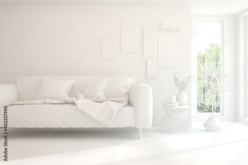White minimalist living room with sofa. Scandinavian interior design. 3D illustration White minimalist living room with sofa. Scandinavian interior design. 3D illustration
