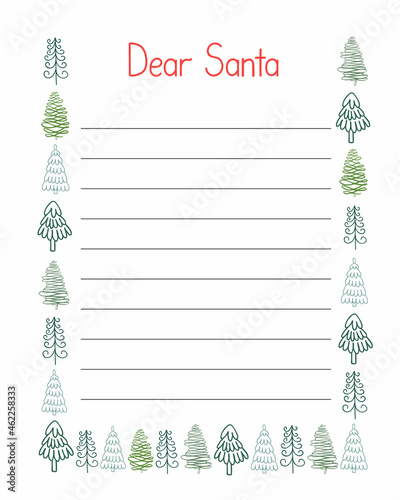 Letter to Santa Claus template vector illustration, Christmas wish list blank worksheet with lines for kids to fill in