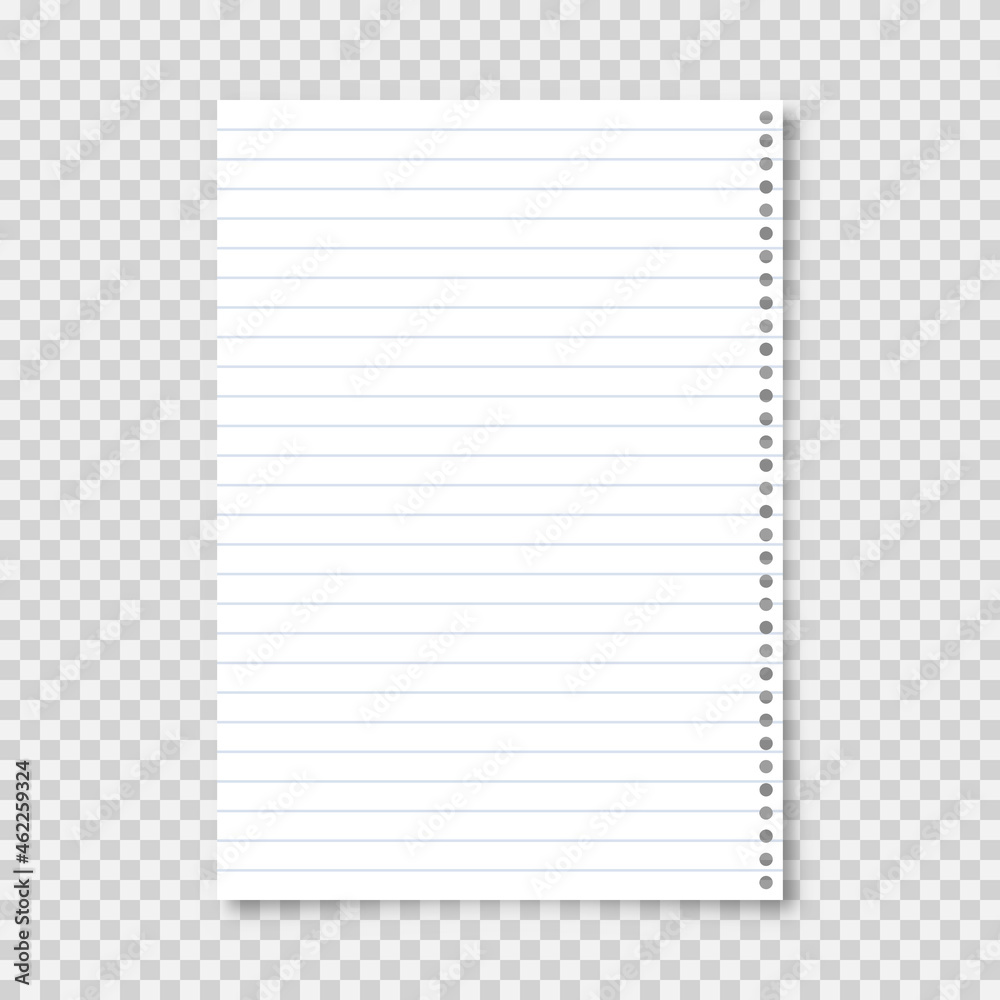Realistic blank lined paper sheet in A4 format on transparent background. Notebook page, document. Design template or mockup. Vector illustration. Realistic blank lined paper sheet in A4 format on transparent background. Notebook page, document. Design template or mockup. Vector illustration.