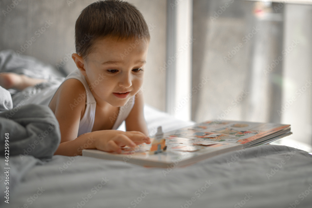 a little boy flips through a book and looks at pictures a little boy flips through a book and looks at pictures
