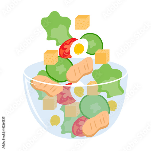 Caesar salad with croutons, grilles chicken meat, fresh vegetable, lettuce vector illustration. Salad in glass bowl on a white background.