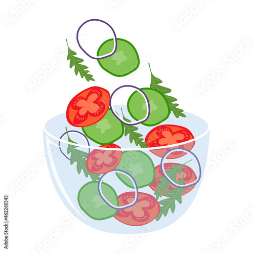 Fototapeta Naklejka Na Ścianę i Meble -  vegetarian salad with fresh vegetable, tomatoes, cucumber, lettuce, onion vector illustration. Salad in glass bowl on a white background.