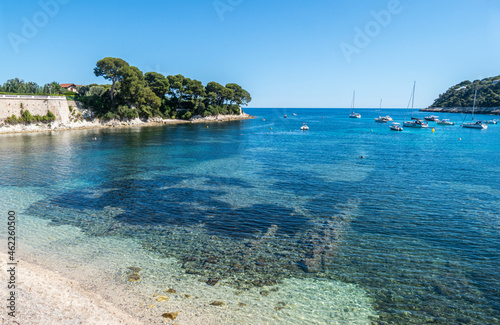 Aerial view of the beautiful Fosses Beach in Saint Jean Cap Ferrat with tropical colored water