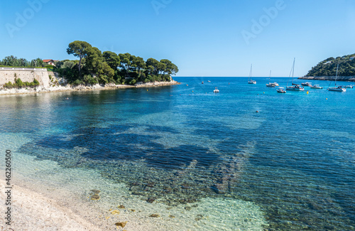 Aerial view of the beautiful Fosses Beach in Saint Jean Cap Ferrat with tropical colored water photo