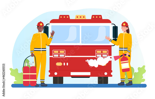 Firefighters with fire truck concept. Man and woman with fire extinguishers. Characters extinguish fires and rescue people from flames. Cartoon flat vector illustration isolated on white background