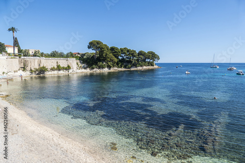 Aerial view of the beautiful Fosses Beach in Saint Jean Cap Ferrat with tropical colored water