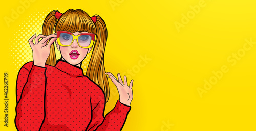 young woman surprised in glasses look wow somthing