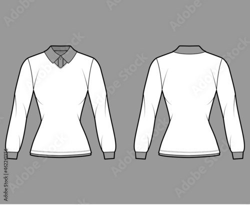 Shirt double collar technical fashion illustration with long sleeves, tunic length, henley neck, fitted body, classic collar. Apparel top outwear template front, back, white color. Women CAD mockup