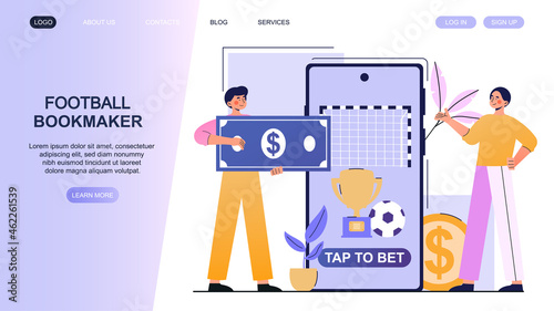 Betting on football. Man carries money to bookmakers. Landing page, concept of gambling. Guess exact score and get your winnings. Cartoon flat vector illustration isolated on white background