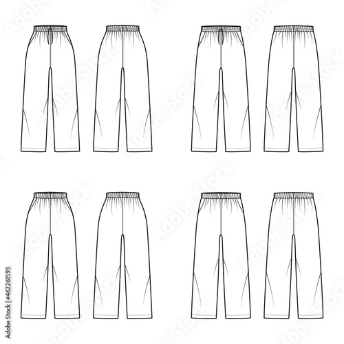 Set of Pants Pull-On Sport training shorts technical fashion illustration with elastic, drawstrings, pockets, ankle length. Flat bottom apparel template front, back, white color. Women men unisex CAD