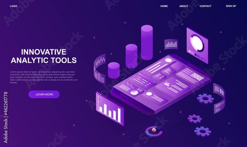 Business strategy concept. Graphs, diagrams, choosing best path. Company development, strategy, planning. Analytical department work. Cartoon 3d vector illustration isolated on violet background