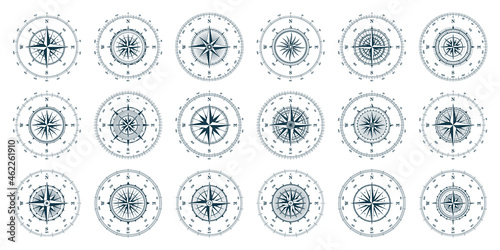 Vintage marine wind rose, nautical chart. Monochrome navigational compass with cardinal directions of North, East, South, West and degree markings. Geographical position, cartography and navigation.