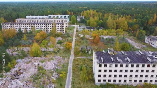 Aerial View of Abandoned Military Ghost Town Irbene in Latvia. Former Super Secret Abandoned Soviet Military Town Irbene in Latvia. Soviet Army Spying Object