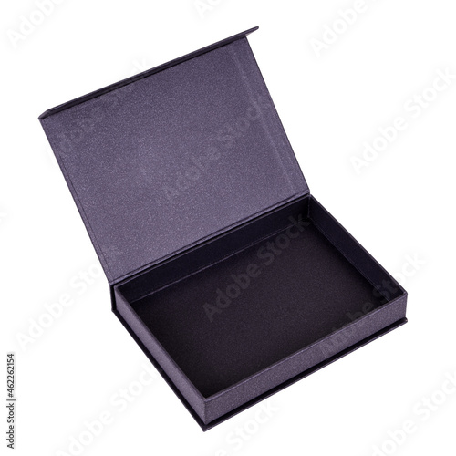 black gift box open with black inside and isolated on white background
