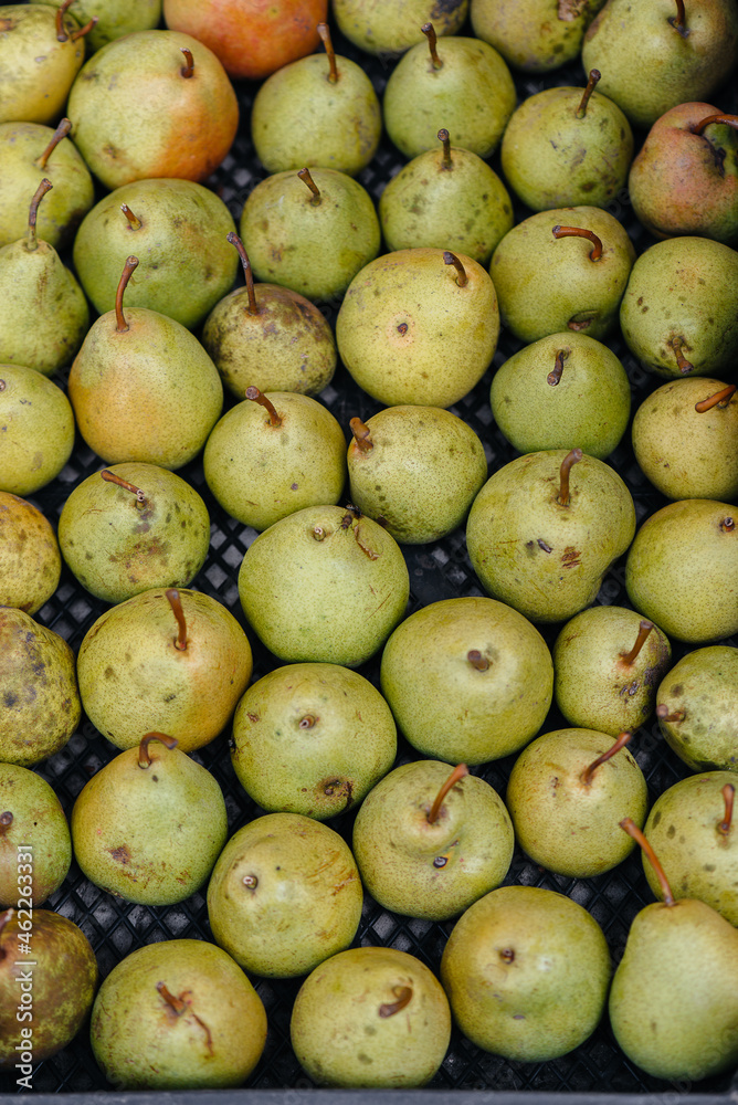 Boxes of ripe juicy pears stand after harvesting close-up. Healthy organic food. Boxes of ripe juicy pears stand after harvesting close-up. Healthy organic food.