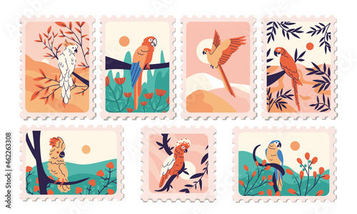 Tropical parrots postage stamp collection. Exotic birds mark set. Different parakeets in trendy flat design.