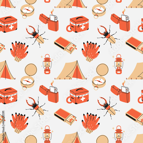 Camping in the woods seamless pattern vector illustration. Survival kit texture design. Tourist elements for expedition background. Adventure set wrapping.