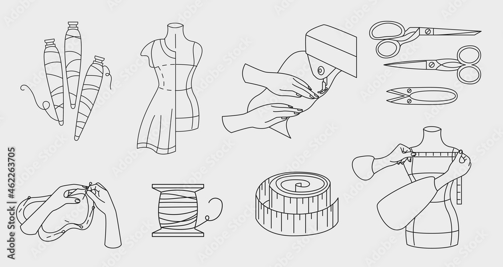 Sewing and dressmaking outline elements collection. Tailoring workshop line isolated set. Different handmade textile elements in contour design