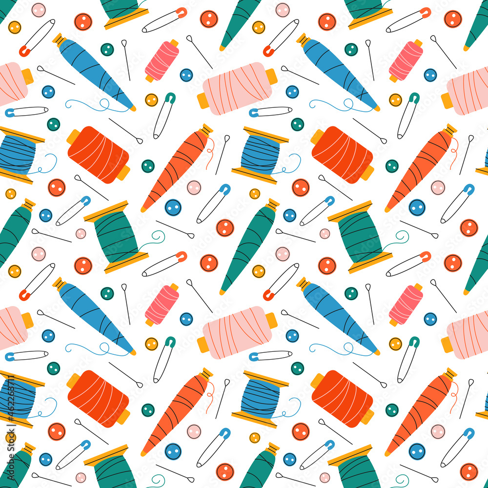 Sewing tools seamless pattern vector illustration. Handcraft materials texture design. Fashion workshop background. Tailor accessories wrapping. Sewing tools seamless pattern vector illustration. Handcraft materials texture design. Fashion workshop background. Tailor accessories wrapping.