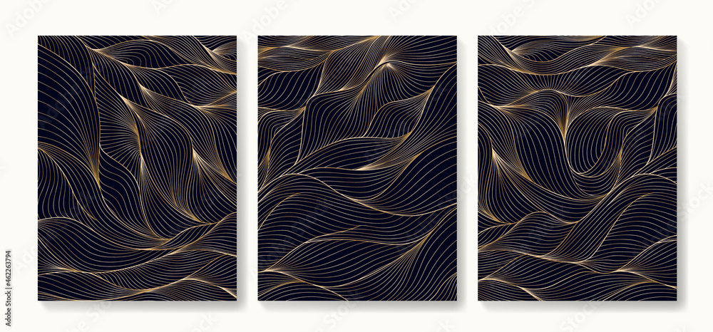 Luxury art background of three posters with a pattern of golden geometric lines for interior decoration of textiles and web. - obrazy, fototapety, plakaty 