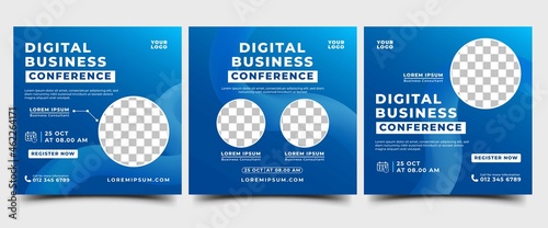 Set of social media post template design for webinar promotion event. Editable modern banner with blue color and place for the photo. Usable for social media, banner, and web.