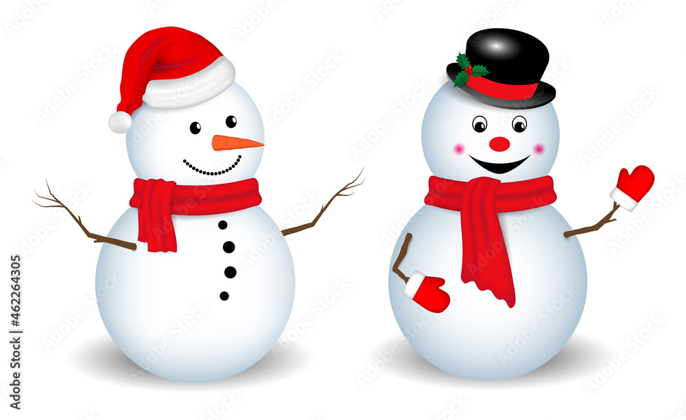 set of realistic snowman isolated or cute snowman with santa hat on snowy background or snowman with medical mask cartoon concept. eps vector