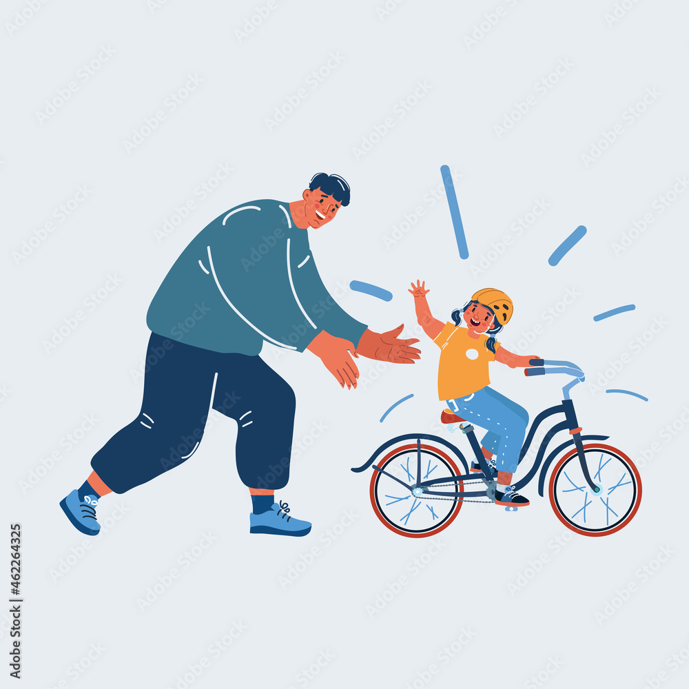 Vector illustration of Little girl learning to ride a bicycle for the first time with her father. Father's Day consept Vector illustration of Little girl learning to ride a bicycle for the first time with her father. Father's Day consept