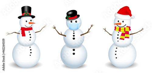 set of realistic snowman isolated or cute snowman with santa hat on snowy background or snowman with medical mask cartoon concept. eps vector