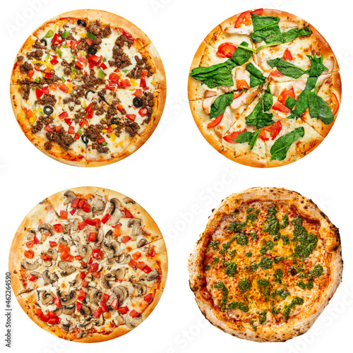 Set of different pizzas collage isolated on white background