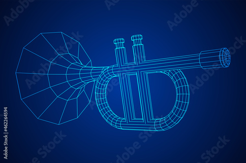 Trumpet pipe fife musiacal instrument. Wireframe low poly mesh vector illustration.