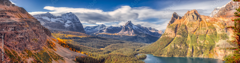 Panoramic View of Glacier Lake with Canadian Rocky Mountains in Background. Sunny Fall Day. Located in Lake O'Hara, Yoho National Park, British Columbia, Canada. Nature Panorama - obrazy, fototapety, plakaty 